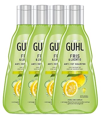 Aanbiedingen Guhl Shampoo Fris And Luchtig Citrus Voordeelverpakking 4x250ml - Geldig van 15/08/2021 tot 06/01/2022 bij Drogisterij.net