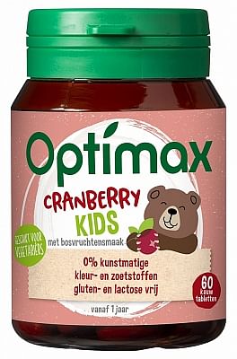 Aanbiedingen Optimax Kinder Cranberry Kauwtabletten - Geldig van 15/08/2021 tot 30/10/2021 bij Drogisterij.net