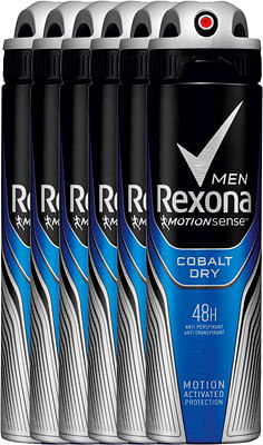 Aanbiedingen Rexona Deodorant Spray Men Dry Cobalt Voordeelverpakking 6x150ml - Geldig van 16/08/2021 tot 21/01/2022 bij Drogisterij.net