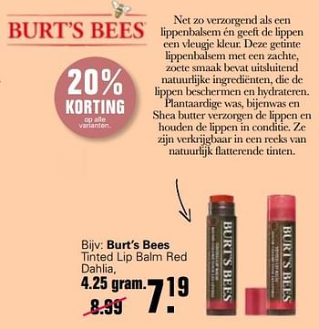 Aanbiedingen Burt’s bees tinted lip balm red dahlia - Burt`s bees - Geldig van 12/01/2022 tot 29/01/2022 bij De Online Drogist