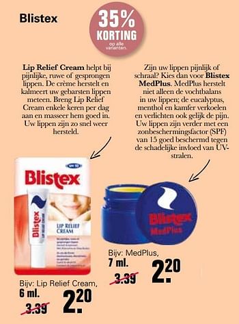 Aanbiedingen Lip relief cream - Blistex - Geldig van 12/01/2022 tot 29/01/2022 bij De Online Drogist