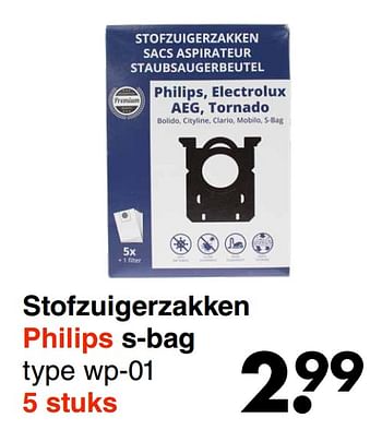Aanbiedingen Stofzuigerzakken philips s-bag type wp-01 - Premium - Geldig van 31/01/2022 tot 13/02/2022 bij Wibra