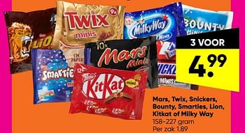 Aanbiedingen Mars twix snickers bounty smarties lion kitkat of milky way - Huismerk - Big Bazar - Geldig van 07/02/2022 tot 27/02/2022 bij Big Bazar