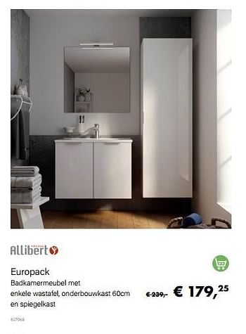 Aanbiedingen Europack badkamermeubel met enkele wastafel, onderbouwkast en spiegelkast - Allibert - Geldig van 14/02/2022 tot 28/03/2022 bij Multi Bazar
