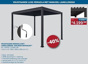 Aanbiedingen Vrijstaande pergola met lamellendak solimar antraciet - Huismerk - Zelfbouwmarkt - Geldig van 01/03/2022 tot 28/03/2022 bij Zelfbouwmarkt