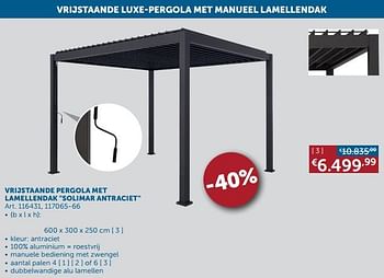 Aanbiedingen Vrijstaande pergola met lamellendak solimar antraciet - Huismerk - Zelfbouwmarkt - Geldig van 01/03/2022 tot 28/03/2022 bij Zelfbouwmarkt