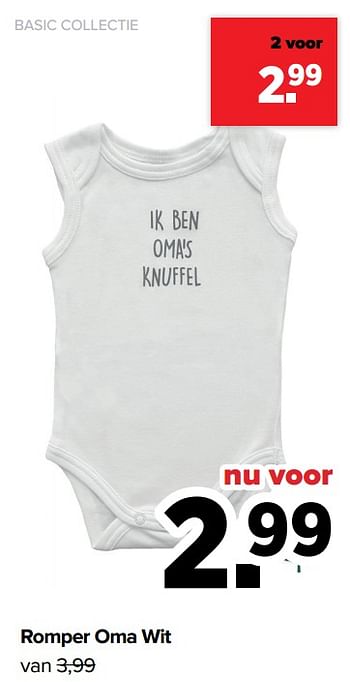 Aanbiedingen Basic collectie romper oma wit - Huismerk - Baby-Dump - Geldig van 28/02/2022 tot 26/03/2022 bij Baby-Dump