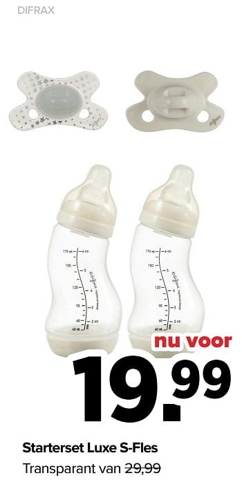 Aanbiedingen Difrax starterset luxe s-fles transparant - Difrax - Geldig van 28/02/2022 tot 26/03/2022 bij Baby-Dump