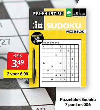Aanbiedingen Puzzelblok sudoku 7 punt nr. 006 - Huismerk - Boekenvoordeel - Geldig van 12/03/2022 tot 20/03/2022 bij Boekenvoordeel