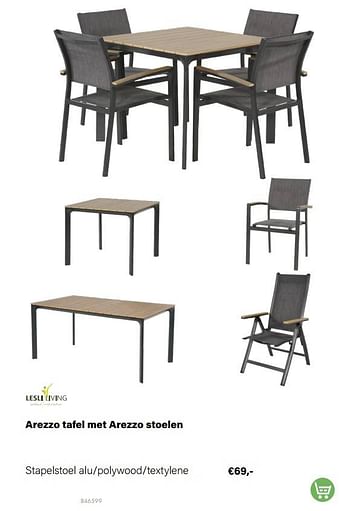 Aanbiedingen Arezzo tafel met arezzo stoelen stapelstoel alu-polywood-textylene - Lesli Living - Geldig van 21/03/2022 tot 05/06/2022 bij Multi Bazar