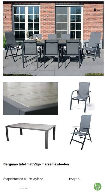 Aanbiedingen Bergamo tafel met vigo marseille stoelen stapelstoelen alu-textylene - Huismerk - Multi Bazar - Geldig van 21/03/2022 tot 05/06/2022 bij Multi Bazar