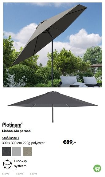 Aanbiedingen Lisboa alu parasol - Platinum Casual Living - Geldig van 21/03/2022 tot 05/06/2022 bij Multi Bazar