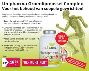 Aanbiedingen Unipharma groenlipmossel complex - Unipharma - Geldig van 16/03/2022 tot 22/04/2022 bij De Online Drogist