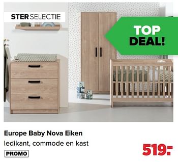Aanbiedingen Europe baby nova eiken ledikant, commode en kast - Europe baby - Geldig van 28/03/2022 tot 23/04/2022 bij Baby-Dump