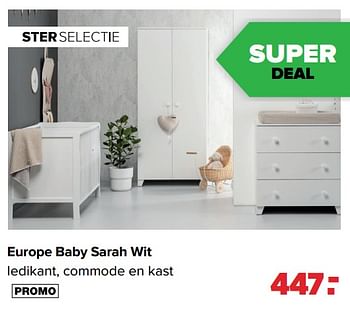 Aanbiedingen Europe baby sarah wit ledikant, commode en kast - Europe baby - Geldig van 28/03/2022 tot 23/04/2022 bij Baby-Dump