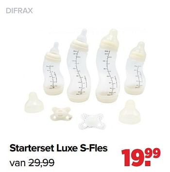 Aanbiedingen Starterset luxe s-fles - Difrax - Geldig van 25/04/2022 tot 14/05/2022 bij Baby-Dump