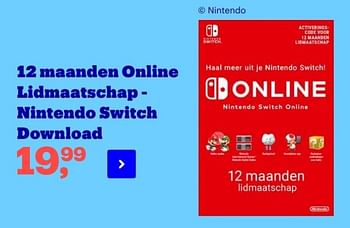 Aanbiedingen 12 maanden online lidmaatschap - nintendo switch download - Nintendo - Geldig van 22/04/2022 tot 09/05/2022 bij Bol