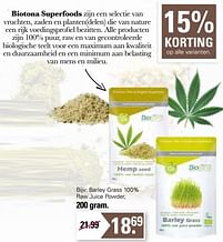 Aanbiedingen Barley grass 100% raw juice powder - Biotona - Geldig van 11/05/2022 tot 28/05/2022 bij De Online Drogist