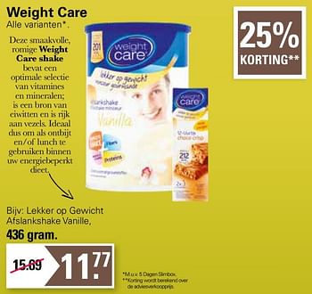 Aanbiedingen Lekker op gewicht afslankshake vanille - Weight Care - Geldig van 11/05/2022 tot 28/05/2022 bij De Online Drogist