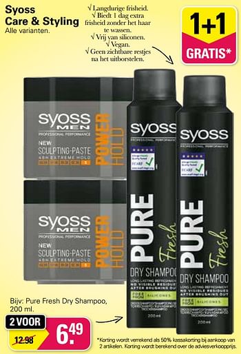 Aanbiedingen Pure fresh dry shampoo - Syoss - Geldig van 11/05/2022 tot 28/05/2022 bij De Online Drogist