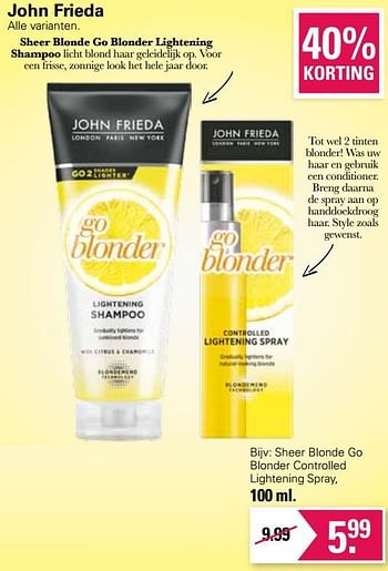 Aanbiedingen Sheer blonde go blonder controlled lightening spray - John Frieda - Geldig van 11/05/2022 tot 28/05/2022 bij De Online Drogist