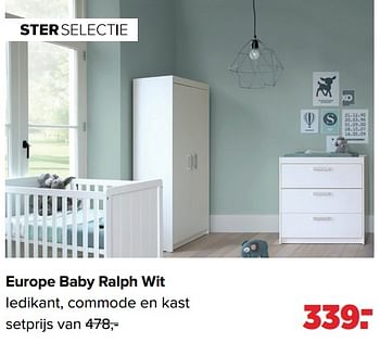 Aanbiedingen Europe baby ralph wit ledikant, commode en kast - Europe baby - Geldig van 16/05/2022 tot 11/06/2022 bij Baby-Dump