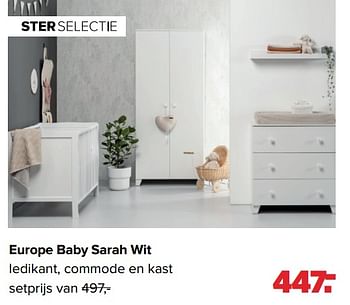 Aanbiedingen Europe baby sarah wit ledikant, commode en kast - Europe baby - Geldig van 16/05/2022 tot 11/06/2022 bij Baby-Dump