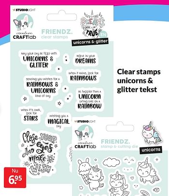 Aanbiedingen Clear stamps unicorns + glitter tekst - Huismerk - Boekenvoordeel - Geldig van 28/05/2022 tot 05/06/2022 bij Boekenvoordeel