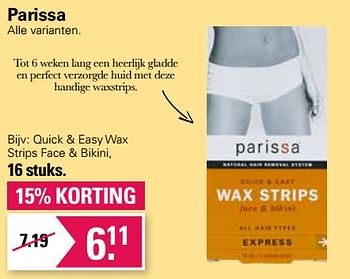 Aanbiedingen Quick + easy wax strips face + bikini - Parissa - Geldig van 01/06/2022 tot 18/06/2022 bij De Online Drogist