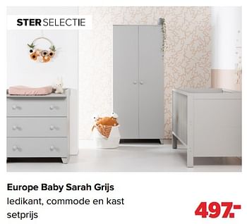 Aanbiedingen Europe baby sarah grijs ledikant, commode en kast - Europe baby - Geldig van 13/06/2022 tot 02/07/2022 bij Baby-Dump