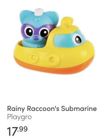 Aanbiedingen Rainy raccoon`s submarine playgro - Playgro - Geldig van 19/06/2022 tot 25/06/2022 bij Baby & Tiener Megastore
