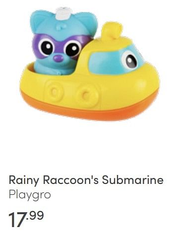 Aanbiedingen Rainy raccoon`s submarine playgro - Playgro - Geldig van 26/06/2022 tot 02/07/2022 bij Baby & Tiener Megastore