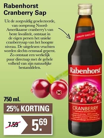 Aanbiedingen Rabenhorst cranberry sap - Rabenhorst - Geldig van 22/06/2022 tot 09/07/2022 bij De Online Drogist