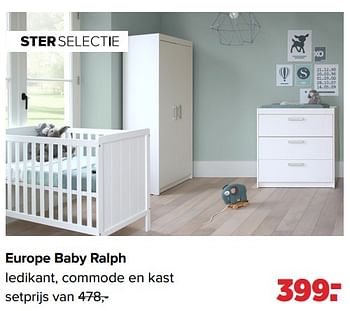 Aanbiedingen Europe baby ralph ledikant, commode en kast - Europe baby - Geldig van 04/07/2022 tot 30/07/2022 bij Baby-Dump