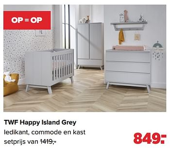 Aanbiedingen Twf happy island grey ledikant, commode en kast - TWF - Geldig van 04/07/2022 tot 30/07/2022 bij Baby-Dump