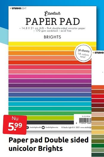 Aanbiedingen Paper pad double sided unicolor brights - Studio Light - Geldig van 09/07/2022 tot 17/07/2022 bij Boekenvoordeel