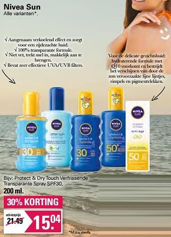 Aanbiedingen Nivea sun protect + dry touch verfrissende transparante spray spf30 - Nivea - Geldig van 13/07/2022 tot 30/07/2022 bij De Online Drogist