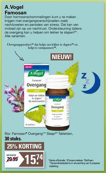 Aanbiedingen Famosan overgang slaap tabletten - A. Vogel - Geldig van 17/08/2022 tot 03/09/2022 bij De Online Drogist
