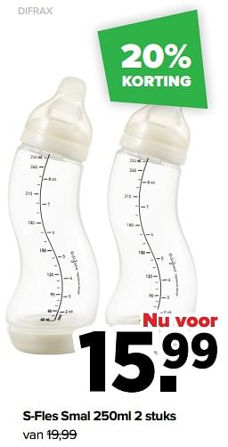 Aanbiedingen S-fles smal 250ml 2 stuks - Difrax - Geldig van 29/08/2022 tot 24/09/2022 bij Baby-Dump