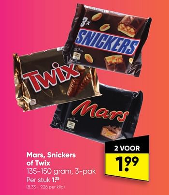 Aanbiedingen Mars snickers of twix - Mars Snacks - Geldig van 12/09/2022 tot 25/09/2022 bij Big Bazar