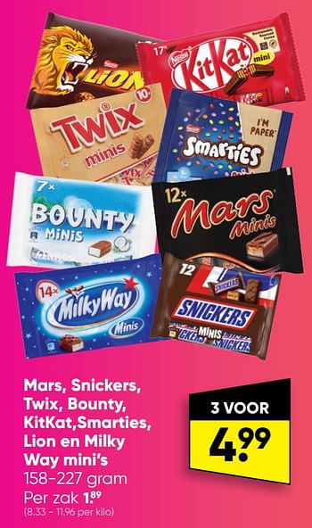 Aanbiedingen Mars snickers twix bounty kitkat smarties lion en milky way mini’s - Huismerk - Big Bazar - Geldig van 12/09/2022 tot 25/09/2022 bij Big Bazar