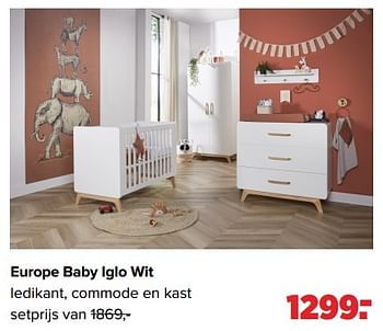 Aanbiedingen Europe baby iglo wit ledikant, commode en kast - Europe baby - Geldig van 26/09/2022 tot 22/10/2022 bij Baby-Dump