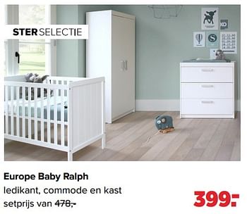 Aanbiedingen Europe baby ralph ledikant, commode en kast - Europe baby - Geldig van 26/09/2022 tot 22/10/2022 bij Baby-Dump