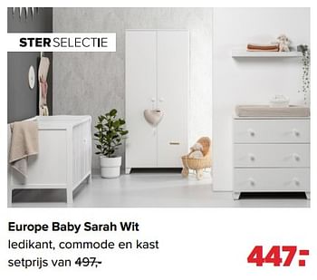Aanbiedingen Europe baby sarah wit ledikant, commode en kast - Europe baby - Geldig van 26/09/2022 tot 22/10/2022 bij Baby-Dump