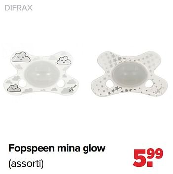 Aanbiedingen Fopspeen mina glow - Difrax - Geldig van 26/09/2022 tot 22/10/2022 bij Baby-Dump