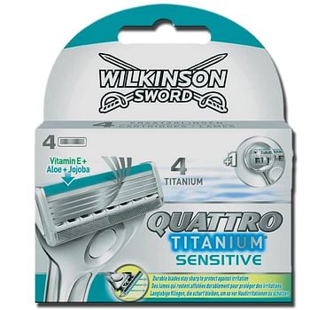 Aanbiedingen 4 mesjes Wilkinson Sword Quattro Titanium Sensitive Scheermesjes - Geldig van 12/01/2022 tot 21/01/2022 bij Drogisterij.net