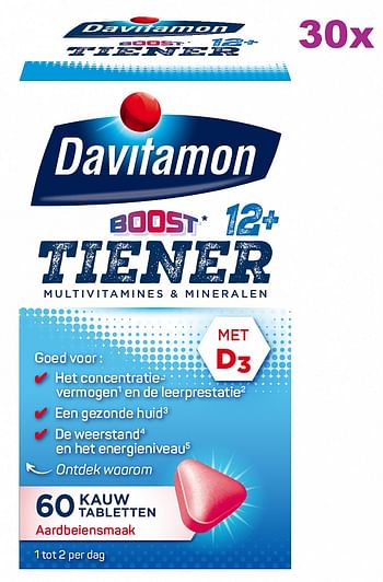 Aanbiedingen Davitamon Boost Tiener 12 Kauwtabletten Aardbei Voordeelverpakking - Geldig van 22/01/2022 tot 23/02/2022 bij Drogisterij.net