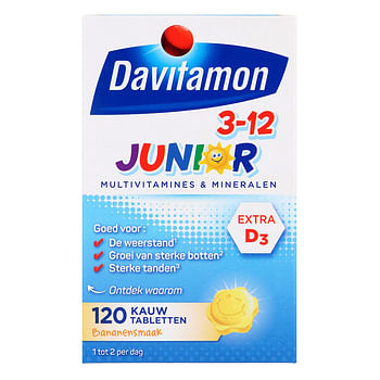 Aanbiedingen Davitamon Junior Kauwtabletten Banaan 3plus Vitamine Kinderen - Geldig van 22/01/2022 tot 24/02/2022 bij Drogisterij.net