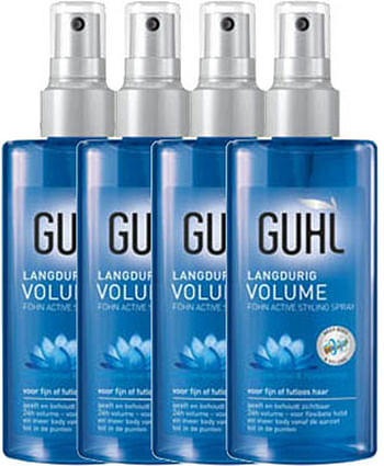 Aanbiedingen Guhl Langdurig Volume Fohn Active Styling Spray Voordeelverpakking 4xPer st - Geldig van 22/01/2022 tot 24/02/2022 bij Drogisterij.net