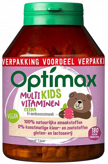 Aanbiedingen Optimax Kinder Multivitamine Kauwtabletten Extra Framboos - Geldig van 23/01/2022 tot 24/02/2022 bij Drogisterij.net